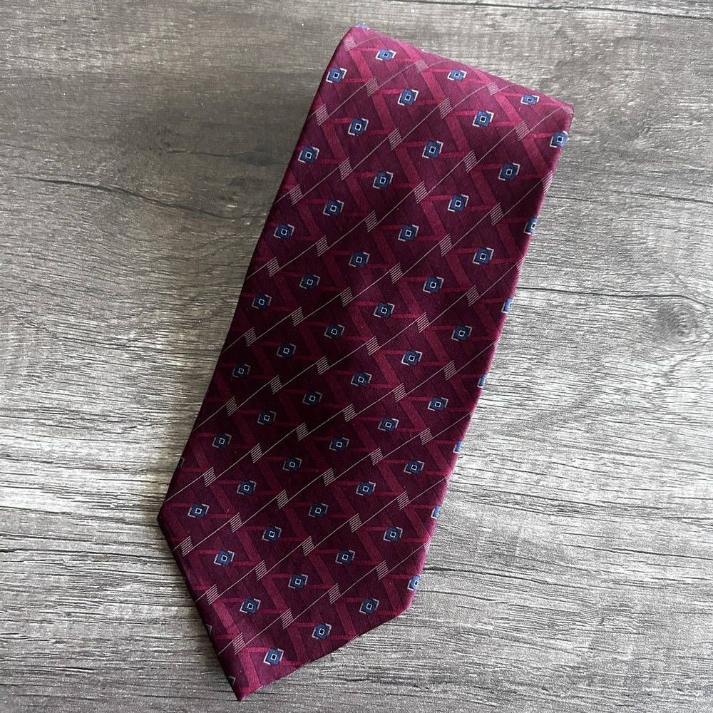 Zylos George Machado Men Vintage Academia Silk Necktie OS Burgundy Geometric